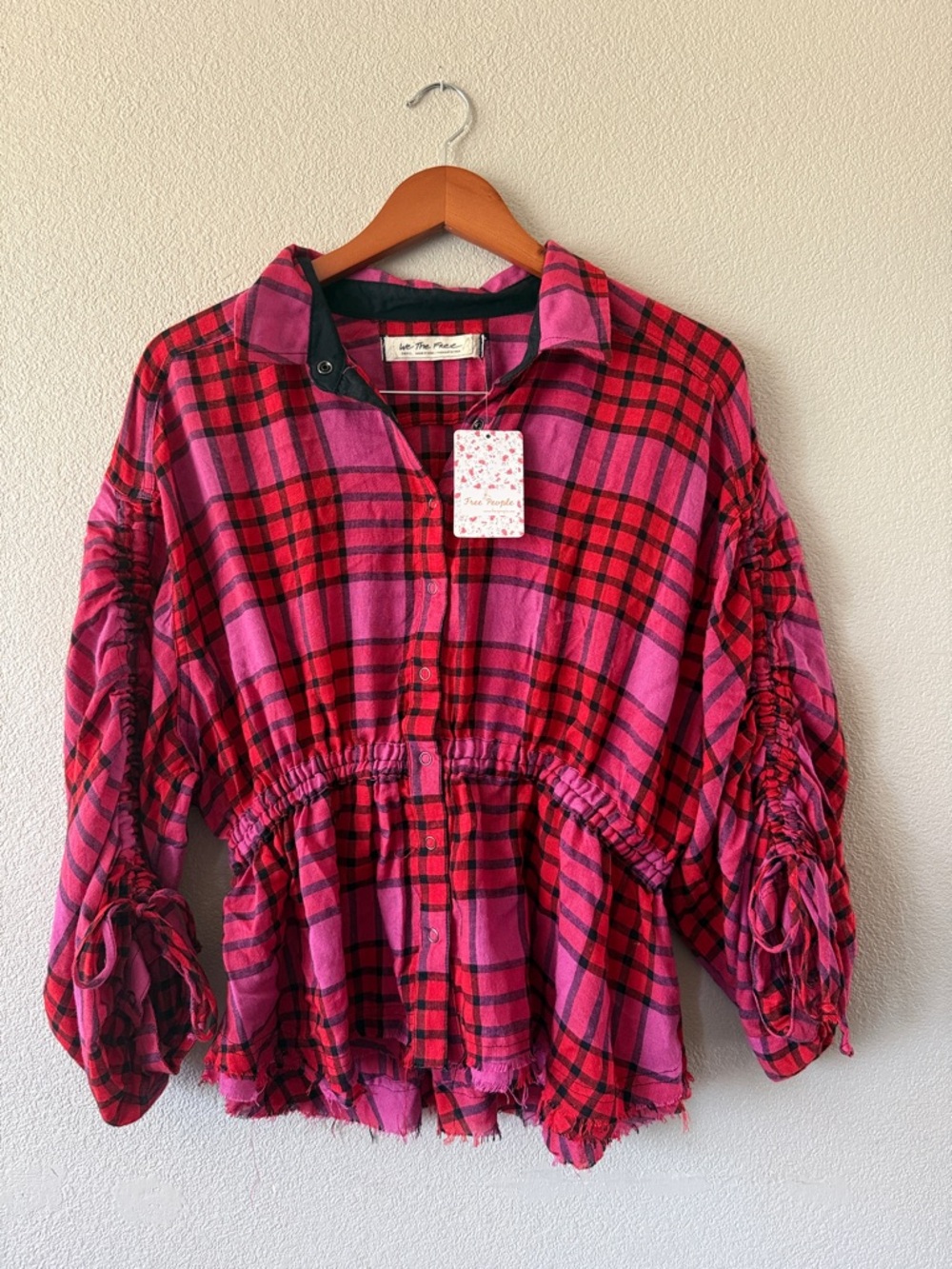 We The Free Pink & Red Plaid Drawstring Peplum Shirt